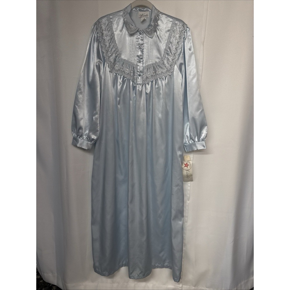 VTG NWT Nicole Silky Satin Long Baby Blue Nightgown Sz L Lace 1/4 Button